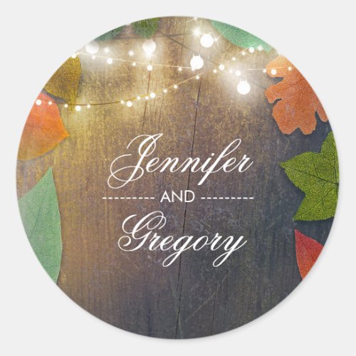 Rustic Fall Leaves and Wood Wedding Classic Round Sticker - Rustic wood, string lights, and fall leaves wedding seals