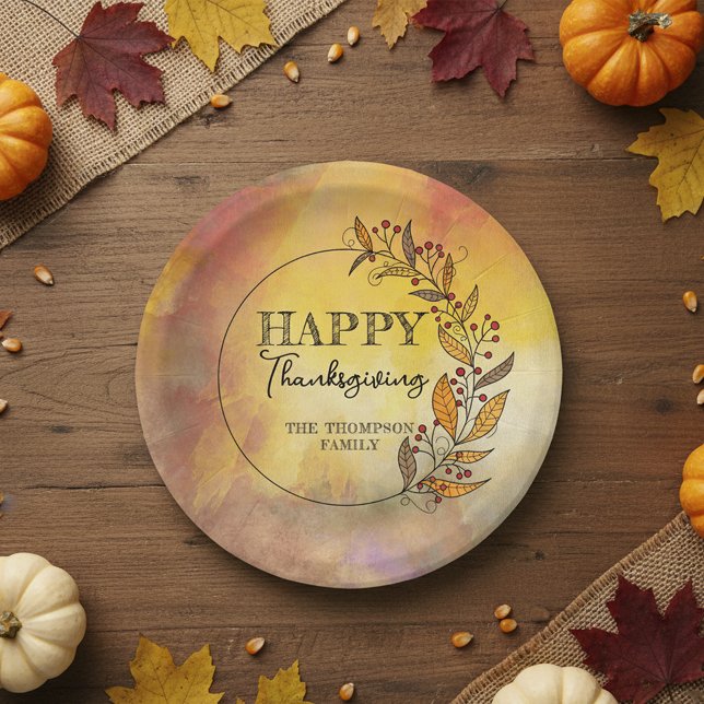 Rustic Fall Leaves Berries Wreath Thanksgiving  Paper Plates (Creator Uploaded)