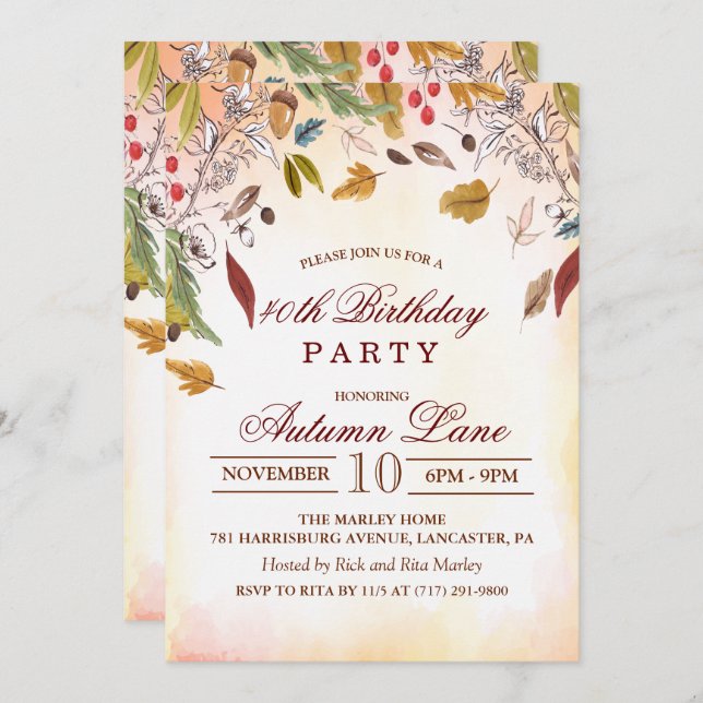 Rustic Fall Leaves Birthday Party Invitation (Front/Back)