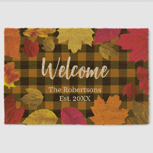 Rustic fall leaves Buffalo Plaid Welcome Fiber Doormat