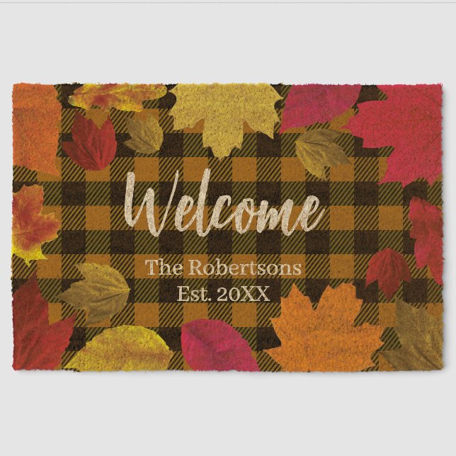 Rustic fall leaves Buffalo Plaid Welcome Fiber Doormat (Front)