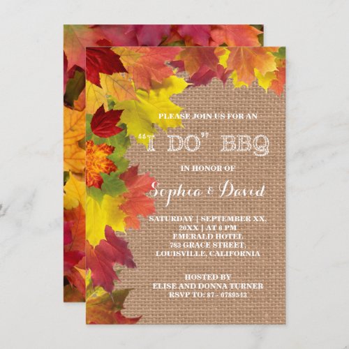 Rustic Fall Leaves Burlap I DO BBQ Invitation