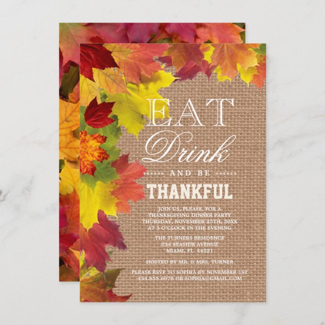Rustic Fall Leaves Burlap Thanksgiving Invitation (Front/Back)
