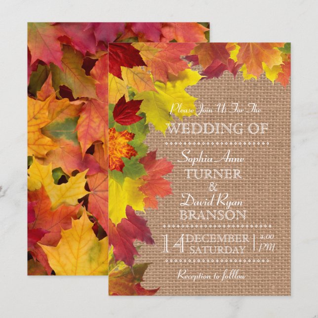 Rustic Fall Leaves Burlap Wedding Invitation (Front/Back)