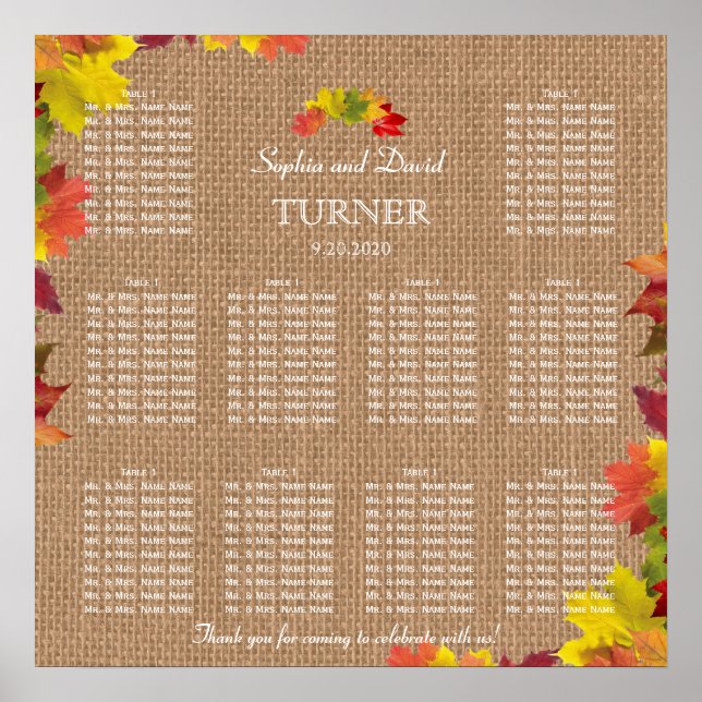Rustic Fall Leaves Burlap Wedding Seating Chart (Front)