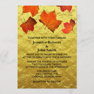 Rustic Fall Leaves Burnt Orange Gold Foil Wedding Invitation