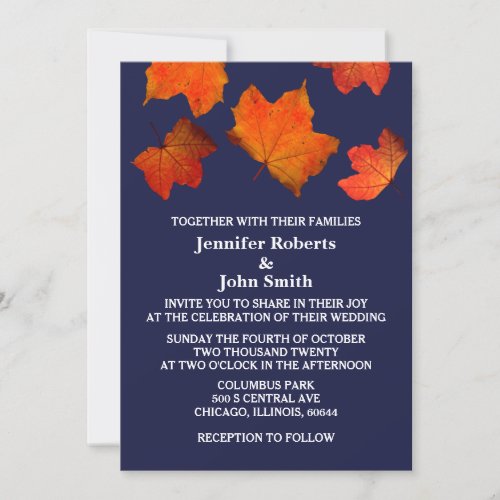 Rustic Fall Leaves Burnt Orange Navy Blue Wedding Invitation