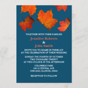 Rustic Fall Leaves Burnt Orange Ocean Blue Wedding Invitation