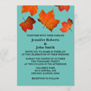 Rustic Fall Leaves Burnt Orange Teal Blue Wedding Invitation