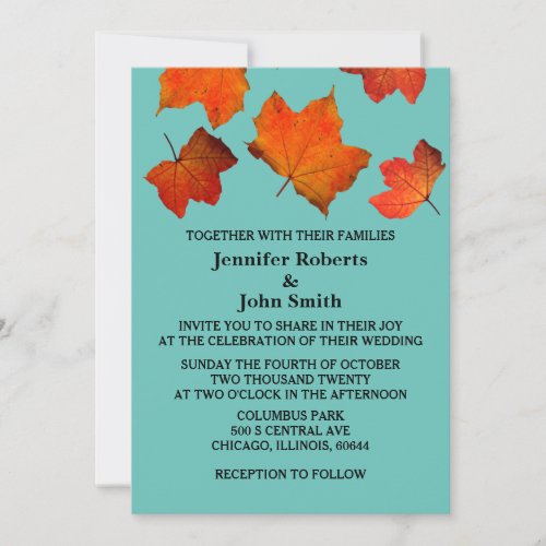 Rustic Fall Leaves Burnt Orange Teal Blue Wedding Invitation