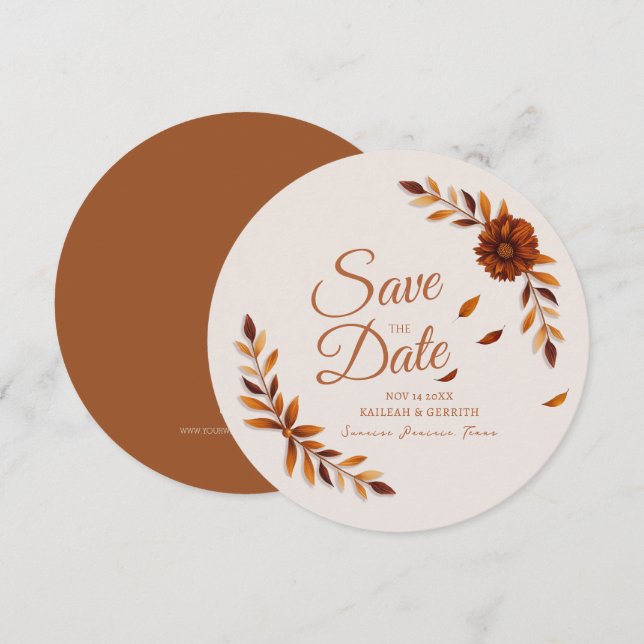 Rustic Fall Leaves Burnt Sienna Beige Wedding Save The Date (Front/Back)