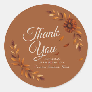 Rustic Fall Leaves Burnt Sienna Wedding Thank You Classic Round Sticker