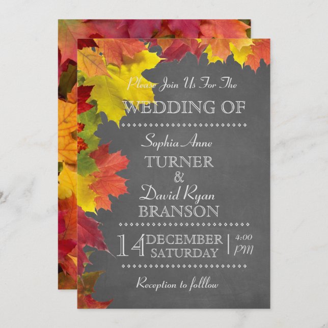 Rustic Fall Leaves Chalkboard Wedding Invitation (Front/Back)