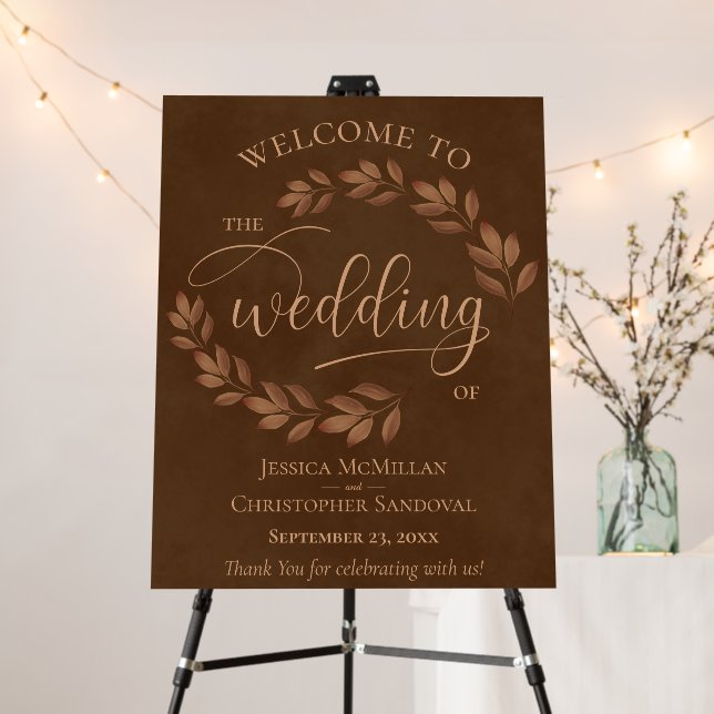 Rustic Fall Leaves Chestnut Brown Wedding Welcome Foam Board (In Situ (Stand))