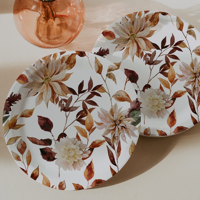 Rustic Fall Leaves Floral Paper Plates (Rustic Fall Leaves Floral Wedding Decor Paper Plates by Painted Paperie
)