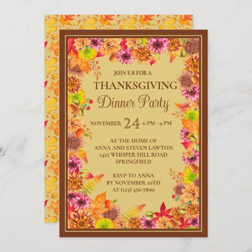 Rustic Fall Leaves Floral Thanksgiving Dinner Invitation