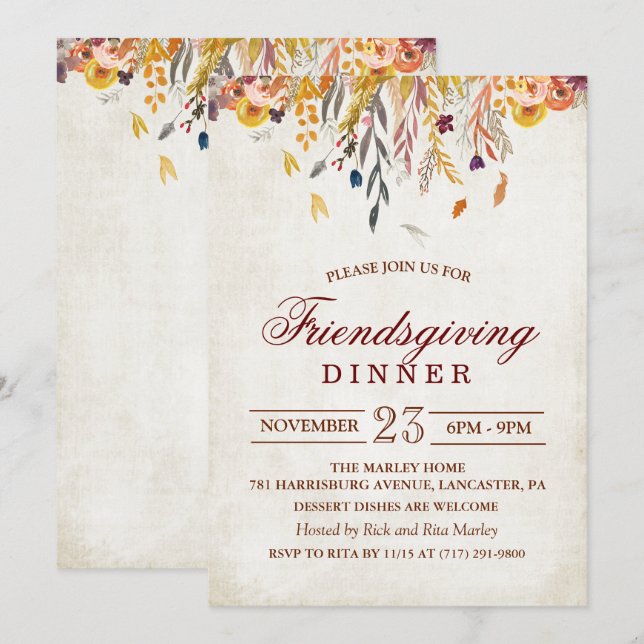 Rustic Fall Leaves Friendsgiving Dinner Invitation (Front/Back)
