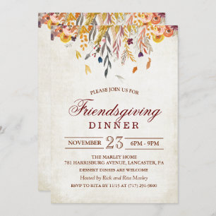 Rustic Fall Leaves Friendsgiving Dinner Invitation