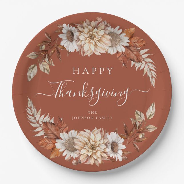 Rustic Fall Leaves Happy Thanksgiving Paper Plates (Front)
