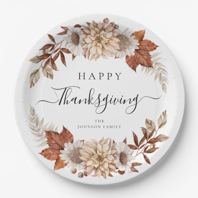 Rustic Fall Leaves Happy Thanksgiving Paper Plates (Front)