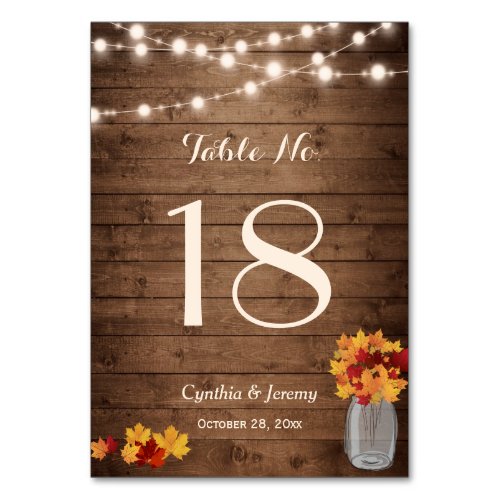 Rustic Fall Leaves Lights Wedding Table Number