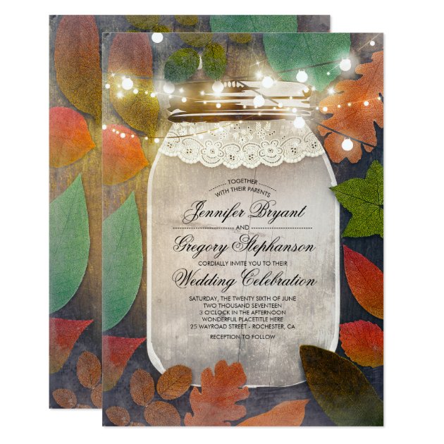 Rustic Fall Leaves Mason Jar String Lights Wedding Invitation