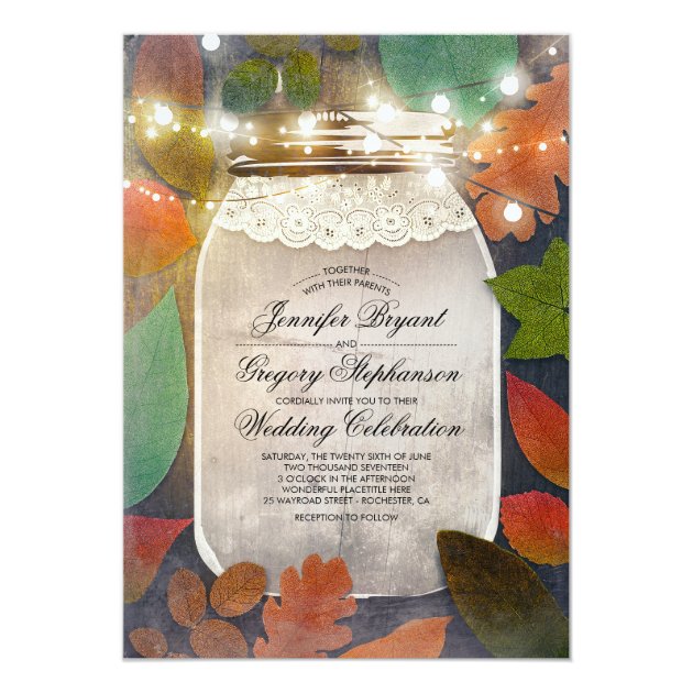 Rustic Fall Leaves Mason Jar String Lights Wedding Invitation