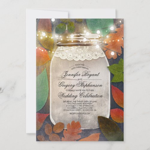 Rustic Fall Leaves Mason Jar String Lights Wedding Invitation - Rustic and vintage fall wedding invitation with the mason jar and string lights. --- All design elements created by Jinaiji --------------------------------------- DESIGN YOUR OWN INVITATION: ------------------------------------------------
1. Just hit the “CUSTOMIZE IT” button and you will be able to change the font type, color, and size, along with a number of other things. 2. Before you click "Done", make sure the image is sized properly. Use the "Fill" or "Fit" buttons to fill the entire design area and ensure that you do not have any blank borders  3. See all products collection below