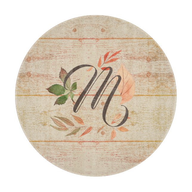 Rustic Fall Leaves Monogram Cutting Board (Front)