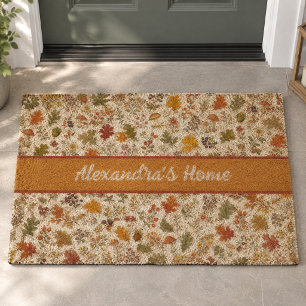 Rustic Fall Leaves Mushroom Woodland Monogram Name Fiber Doormat