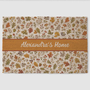 Rustic Fall Leaves Mushroom Woodland Monogram Name Fiber Doormat