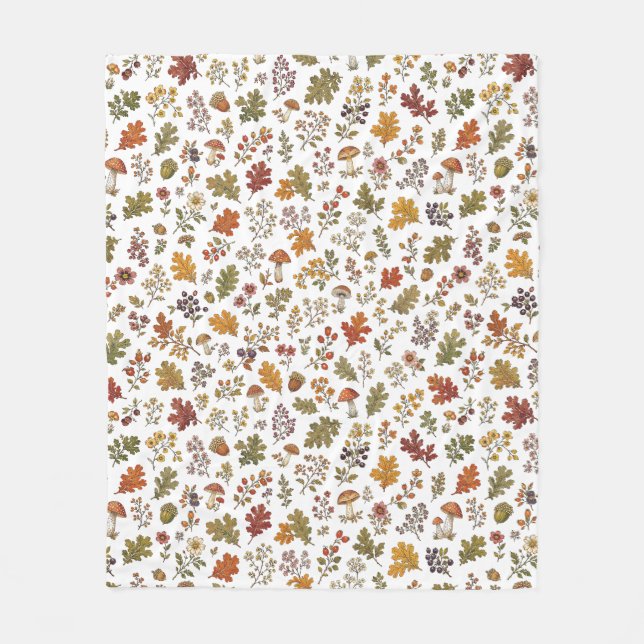 Rustic Fall Leaves Mushroom Woodland Pattern Fleece Blanket (Front)
