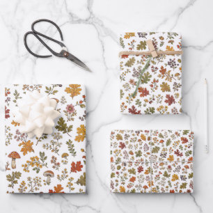 Rustic Fall Leaves Mushroom Woodland Pattern Wrapping Paper Sheets