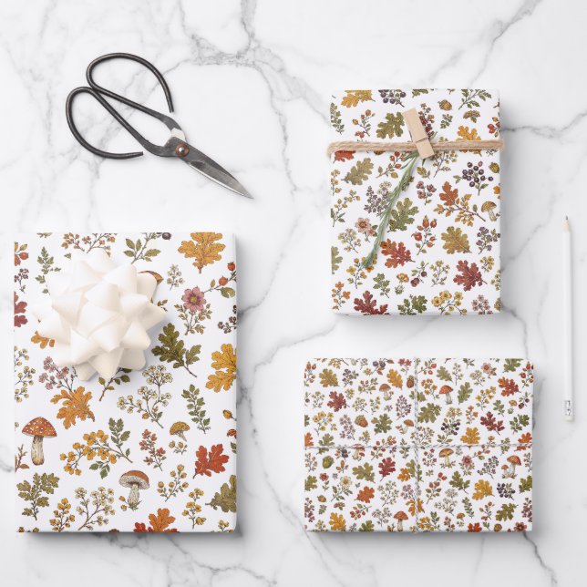 Rustic Fall Leaves Mushroom Woodland Pattern Wrapping Paper Sheets (Front)