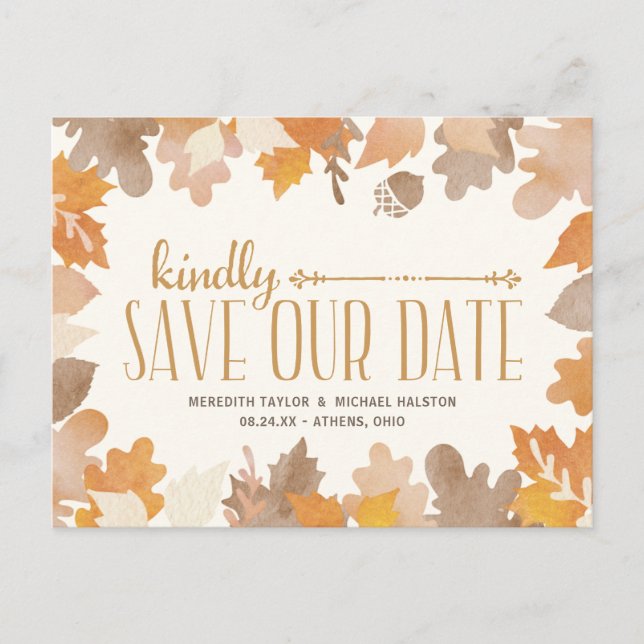 Rustic Fall Leaves Non-Photo Save the Date Announcement Postcard (Front)