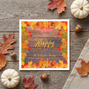 Rustic Fall Leaves on Wood Happy Thanksgiving Napkins