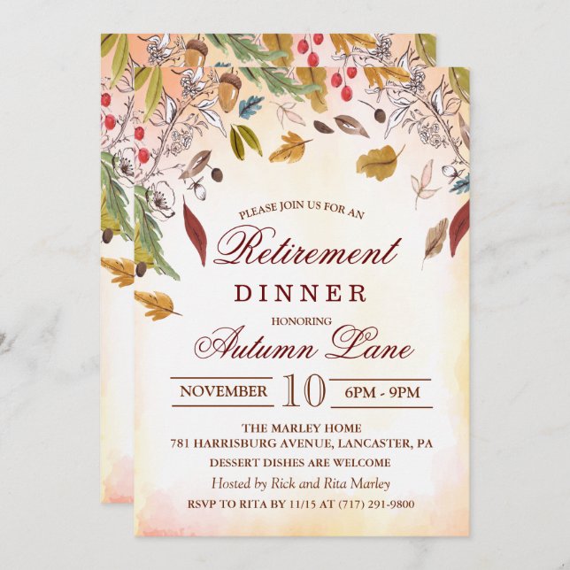 Rustic Fall Leaves Retirement Dinner Invitation (Front/Back)