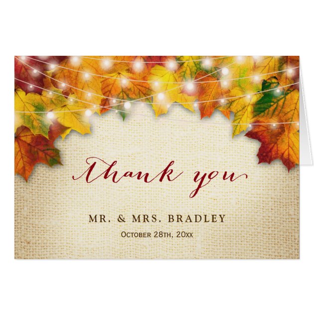Rustic Fall Leaves String Lights Burlap Thank You Card