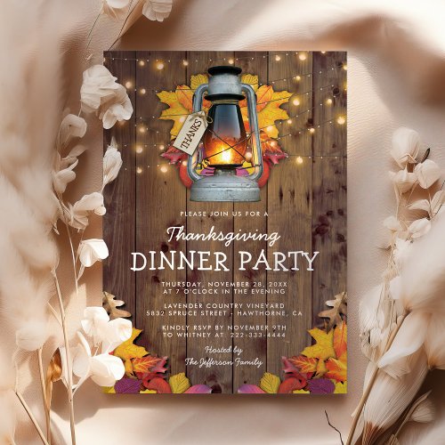 Rustic Fall Leaves String Lights Thanksgiving Invitation