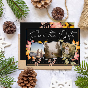 Rustic Fall Leaves Three Photo Save the Date Card