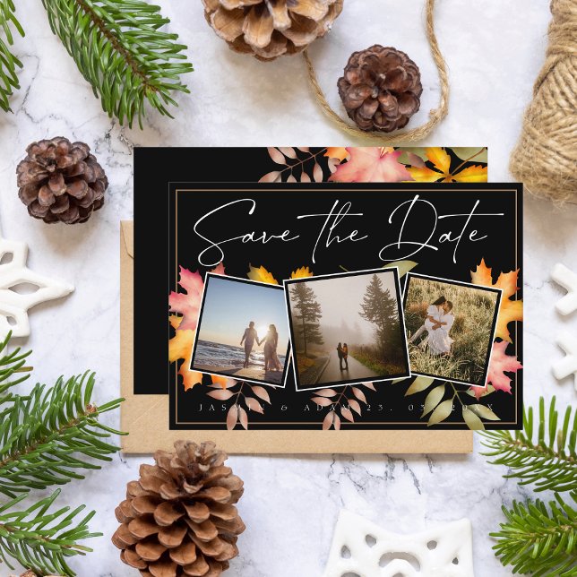 Rustic Fall Leaves Three Photo Save the Date Card (Creator Uploaded)
