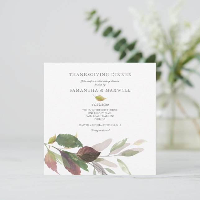 Rustic Fall Leaves Watercolor Thanksgiving Dinner Invitation (Standing Front)