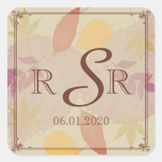 Rustic Fall Leaves Wedding Monogram Square Sticker
