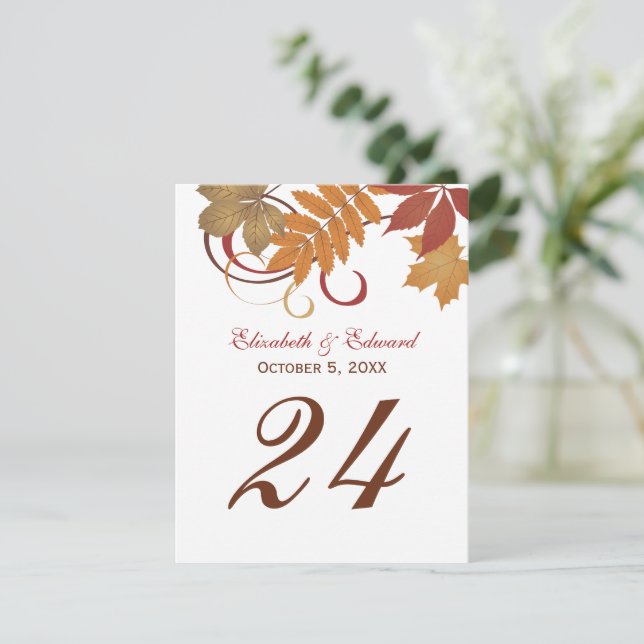 Rustic Fall Leaves Wedding Monogram Table Number (Standing Front)