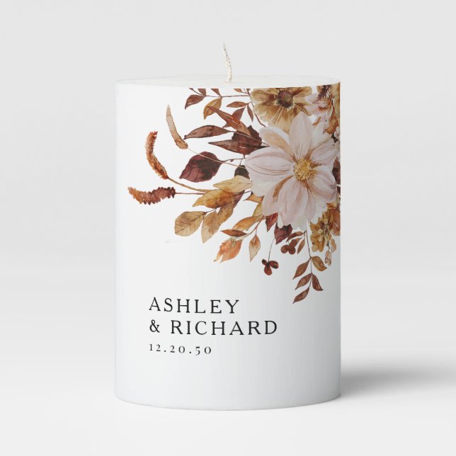 Rustic Fall Leaves Wedding Pillar Candle (Front)