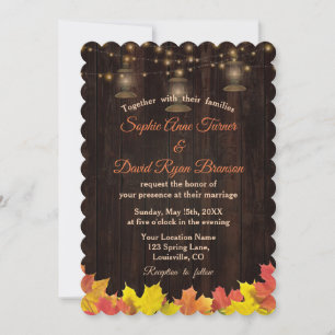 Rustic Fall Leaves Wood Old Lanterns Wedding Invitation