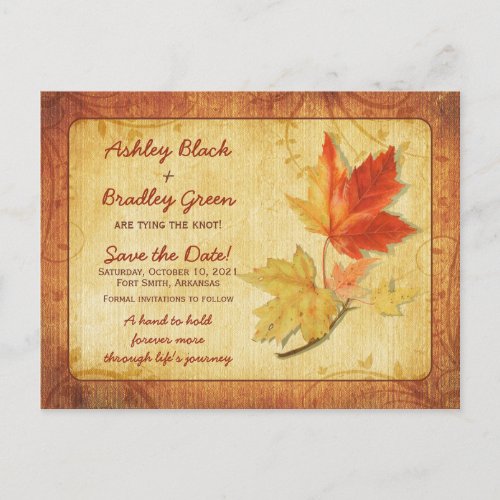 Rustic Fall Maple Leaves Wedding Save the Date Postcard
