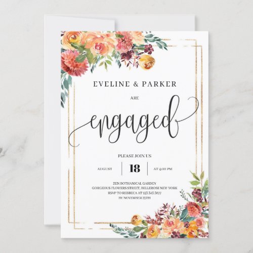 Rustic fall marigold gold frame engagement invite