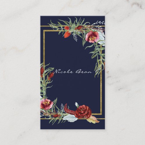 Rustic Fall Marsala Floral Navy Blue Chic Elegant Business Card