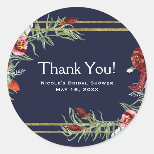 Rustic Fall Marsala Floral Navy Blue Gold Wedding Classic Round Sticker